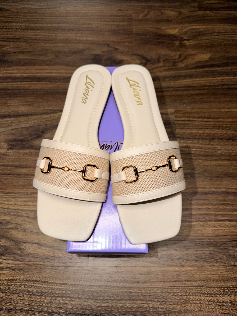 Liliana Cream Slide Mules with Gold Chain Accents